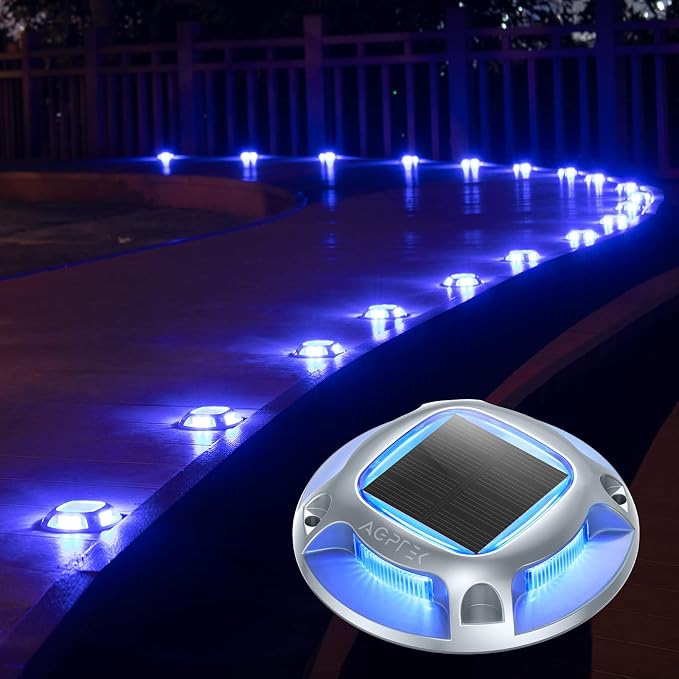 AGPTEK Solar Driveway Lights Outdoor 8 Pack, 2 Color Modes LED Deck Dock | Marine Waterproof Driveway Marker Lights for Step Sidewalk Stair Garden Pathway Walkway Yard (Blue Light/Cool White)
