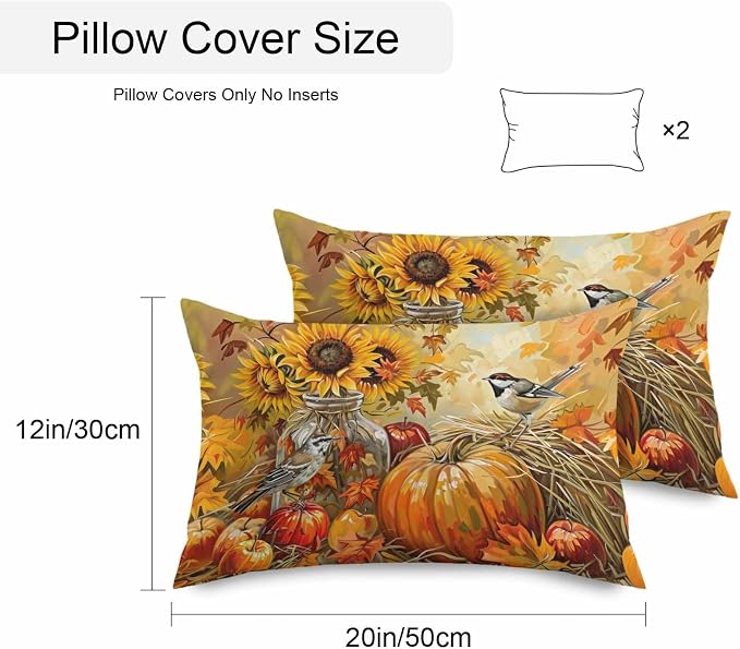 Fall Pumpkins Outdoor Pillow Covers 20x12 Inch Lumbar Pillow Covers Set of 2 Waterproof Decorative Throw Pillow Cases Sunflowers Birds Thanksgiving Oil Painting Cushion Covers for Patio Furniture