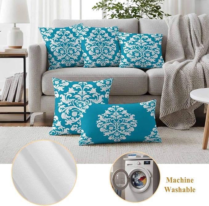 Outdoor Waterproof Pillow Covers for Patio Vintage Floral Teal Decorative Throw Pillow Cover Rustic Pillowcases Set of 2 Cushion Case for Sofa Couch Chair 12x20 Inch