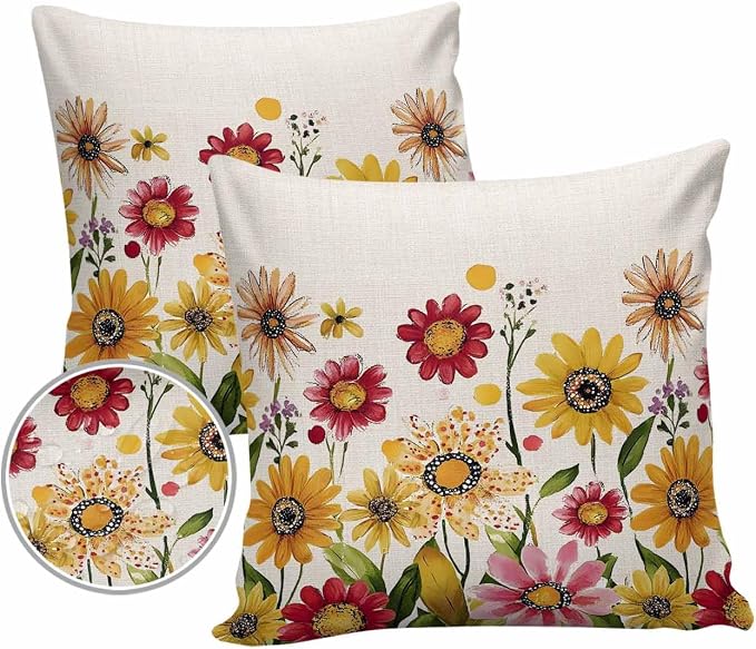 Outdoor Waterproof Pillow Covers for Patio Furniture Pink Purple Floral Decorative Throw Pillow Cover Red Yellow Flowers Pillowcases Set of 2 Cushion Case for Sofa Couch Chair Home Decor 16"x16"