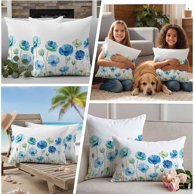 Spring Floral Outdoor Waterproof Throw Pillow Covers Set of 2, 24"x24", Watercolor Blue Poppy Flower Decorative Pillow Covers Outside Cushion Case for Patio Porch Garden