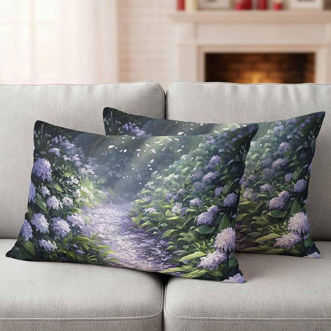 Purple Floral Outdoor Waterproof Throw Pillow Covers Set of 2, 20"x12", Spring Landscape Scenery Nature Decorative Pillow Covers Outside Cushion Case for Patio Porch Garden