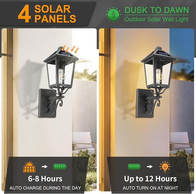 Solar Outdoor Wall Light, 17'' Vintage Lantern-Style Sconce with Remote Control, Alluminum Matte Black Weatherproof Exterior Lighting Front Porch Lights for House Garage Doorway Patio