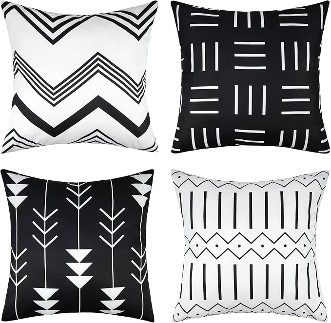 Pyonic Black and White Outdoor Pillow Covers 18x18 Inch for Patio Furniture | Set of 4 ,Waterproof,Boho Geometric Striped, Outside Patio Pillows, For Porch Garden