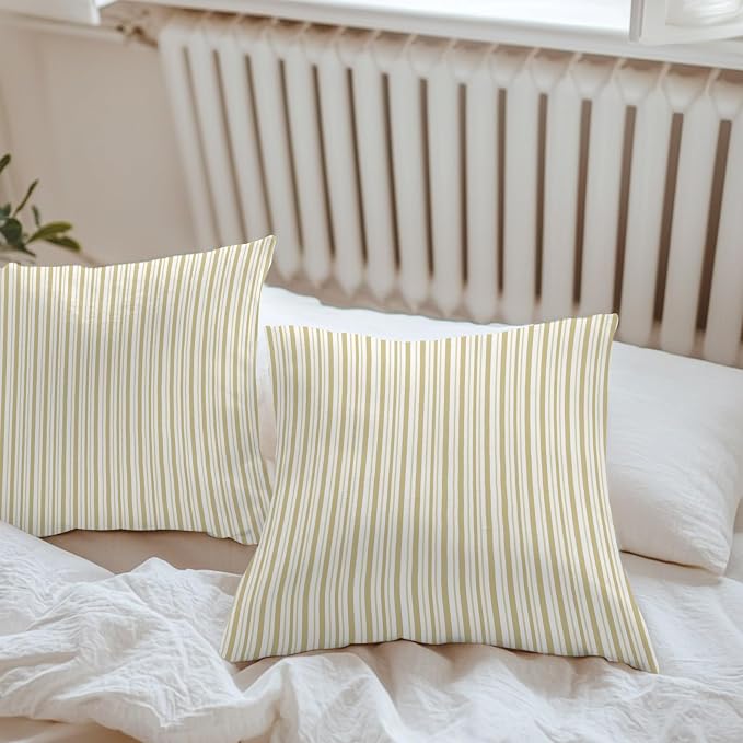 Yellow Vertical Stripes Waterproof Outdoor Pillow Covers Set of 2 Home Decor, Boho Pinstripes Apricot Lines Lumbar Pillowcase Patio Pillow Covers for Couch Bench Patio Furniture Garden 20x20in