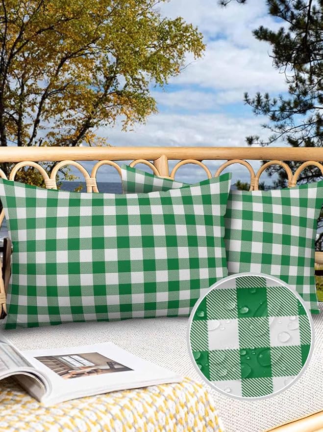 Outdoor Waterproof Throw Pillow Covers Set of 2 Green Buffalo Check Plaid Lumbar Pillowcases 20x12 Inches Farmhouse Style Patio Decorative Pillows Cushion Case Patio Pillows for Couch Bed Chair Garden