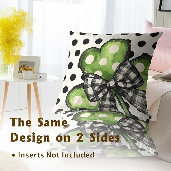 Green Lucky Clover Pillow Covers 22x22 Inch, Set of 2 Black White Plaid Bow Polka Dot Shamrock Leaf Farmhouse Cotton Square Pillowcases for Sofa Couch Bed Living Room Home Decor