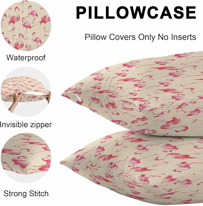 Pink Flamingo Outdoor Pillow Covers 18x18 Inch Throw Pillow Covers Set of 2 Waterproof Decorative Pillow Cases Summer Animals Rustic Cushion Covers for Patio Furniture Garden Couch Sofa