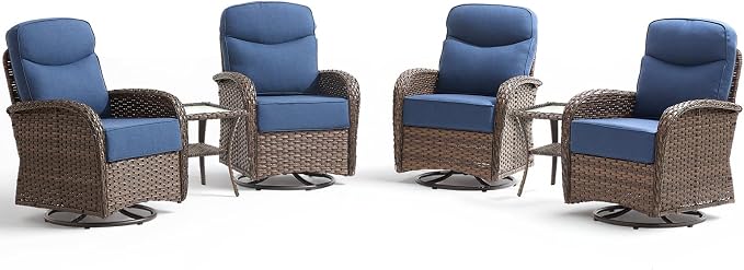 Luxury Wicker Patio Furniture Set with 6-Inch Thick Cushions, 6 Pieces Outdoor Swivel Rocker Patio Chairs Set of 4 with Rattan Side Table, Ooutdoor Patio Conversation Sets for Garden Porch Deck, Blue