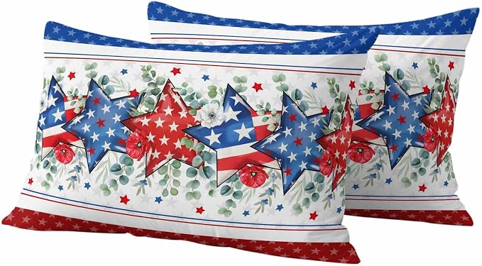 Independence Day Star Outdoor Pillow Covers 20"x12" Set of 2, Waterproof Throw Pillow Covers for Patio Furniture, Farm Red Blue White Star Eucalyptus Leaves Decorative Cushion Covers for Porch