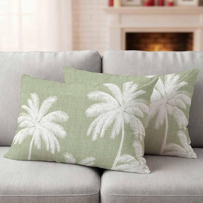 Lumbar Pillow Covers 20x12 Inch Set of 2, Sage Green Palm Trees Waterproof Outdoor Pillow Covers, Farmhouse Tropical Summer Beach Decorative Cushion Pillowcases for Couch, Sofa, Bed, Garden, Patio