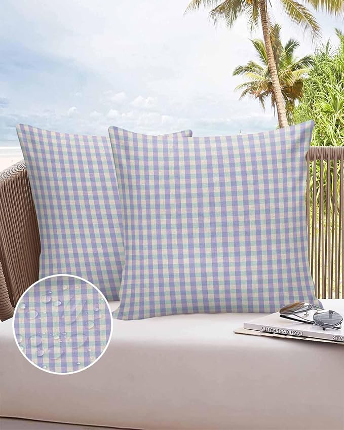 Outdoor Waterproof Throw Pillow Covers Set of 2 Purple Buffalo Plaid Pillowcases 18x18 Inches Linen Classic Checked Patio Decorative Pillows Cushion Case Patio Pillows for Couch Bed Chair Garden