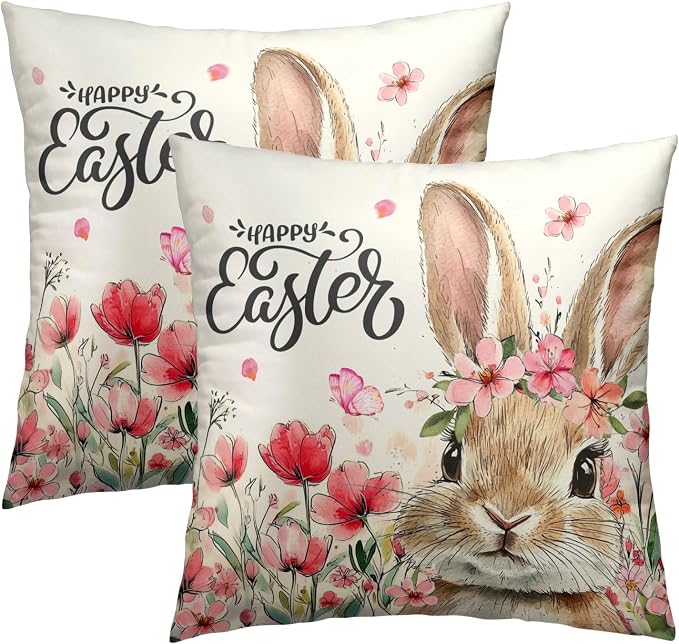 Easter Bunny Throw Pillow Covers 20x20 Inch, Pack of 2 Tulip Floral Cute Rabbit Pillowcases Square Soft Cotton Cushion Cover for Couch Sofa Bed Outdoor Indoor Holiday Home Decor