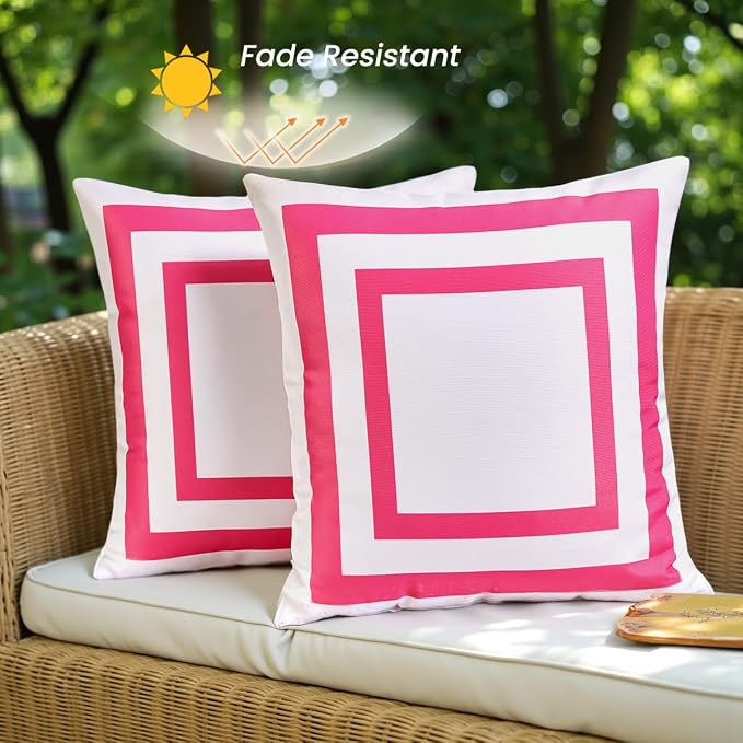 JOJOGOGO 18x18 Hot Pink Frame Outdoor Throw Pillow Covers Waterproof & Sunproof Set of 2, White and Pink Outdoor Decorative Throw Pillows for Patio Furniture and Porch Decor(Without Inserts)