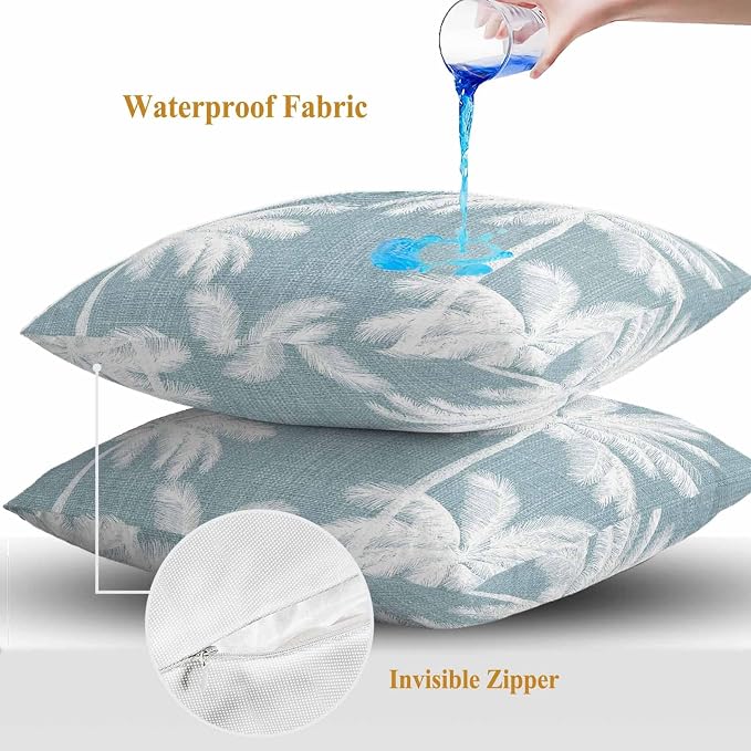 Outdoor Pillow Covers 18x18 Inch Set of 2, Grey Blue Palm Trees Waterproof Throw Pillow Covers, Farmhouse Tropical Summer Beach Decorative Cushion Pillowcases for Couch, Sofa, Bed, Garden, Patio