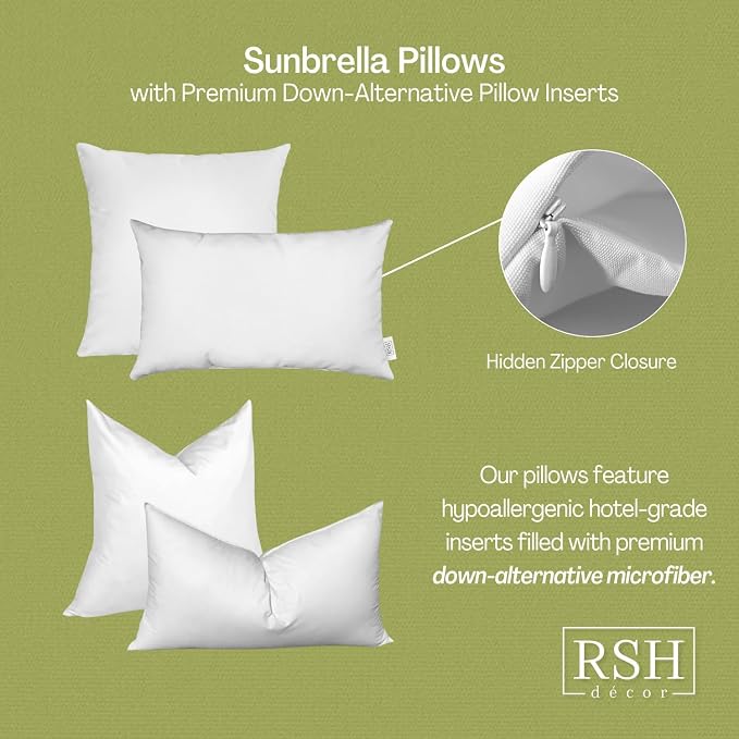 RSH DECOR: Sunbrella Lumbar & Square Pillows Set of 4 | 20" x 12" & 17" x 17" | Water and Fade-Resistant Performance Fabric | Outdoor Throw Pillows for Patio Furniture | Shore Classic