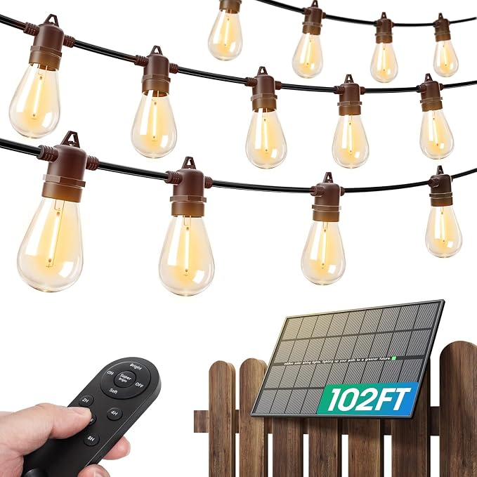 addlon 100FT(2FT) Solar String Lights Outdoor, with 50 Bulbs, Last 20+ Hrs | USB Charging, IP65 Waterproof. Dimmable Timer via Remote. Memory, 3 Modes, 2700K Warm White. Easy Install for Patio, Porch.