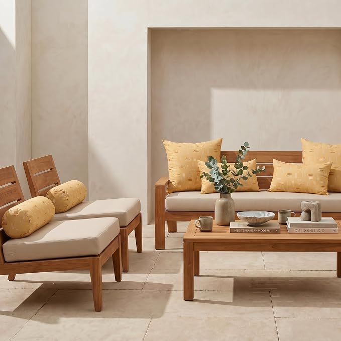 RSH DECOR: 6-Pack Pillow Set | Sunbrella Performance Fabric |Water & Fade-Resistant| 17" Square, 20"x12" Lumbar, 20"x6" Neck Roll | Outdoor Pillows for Patio Furniture | Made in USA (Jot Dot Sunshine)