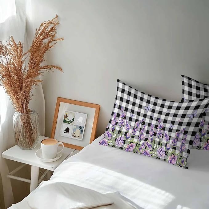 Vandarllin Outdoor Throw Pillows Covers 20x12 inch Set of 2 Waterproof Purple Lavender Flower Decorative Zippered Cushion Covers for Patio Furniture, Butterfly Black Buffalo Plaid Lumbar Pillowcases