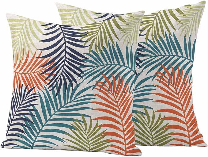 Outdoor Waterproof Throw Pillow Covers, Orange Green Blue Palm Leaves Decorative Pillow Cases, Summer Botanical Tropical Leaf Couch Pillow Protector Patio Sofa Cushion Covers 26"x26" 2 Pack
