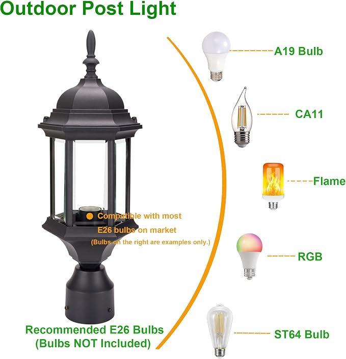 Outdoor Post Light, Rustproof Aluminum Pole Lamp, Black | Exterior Lamp Post Light Fixture for Garden, Yard, Pathway, Waterproof, Glass, E26 Base, Max 60W, 2 Pack