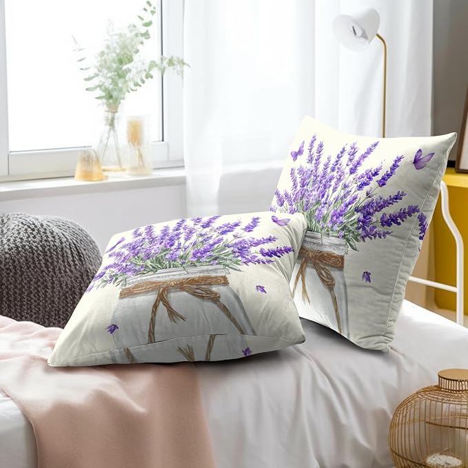 Vintage Flowers Lavender Pillow Cover 20x20 Inch Set of 2, Rustic Provence Purple Floral Jar Decorative Pillow Cotton Square Cushion Case for Outdoor Home Sofa Couch Decor
