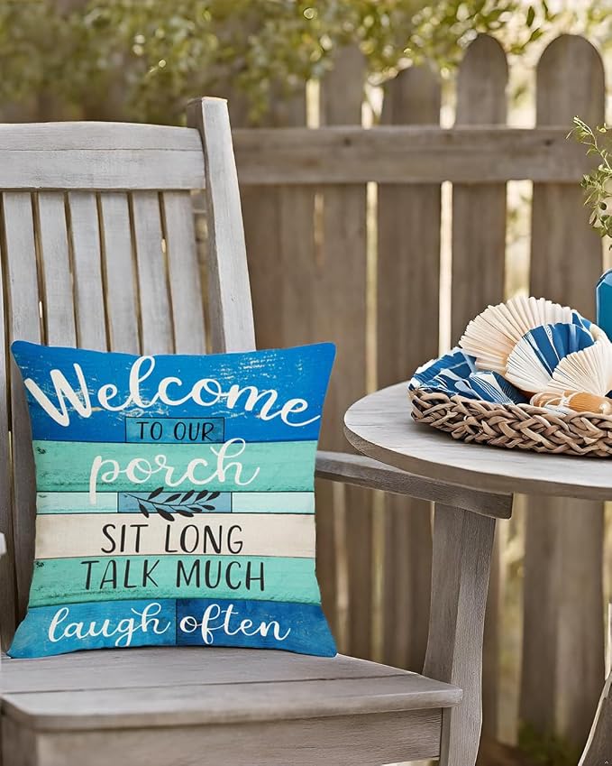 Waterproof Outdoor Pillow Covers 18x18 - Turquoise Blue Beige Woodgrain Coastal Farmhouse Welcome to Porch Decorative Cushion Covers for Patio Furniture, Set of 2