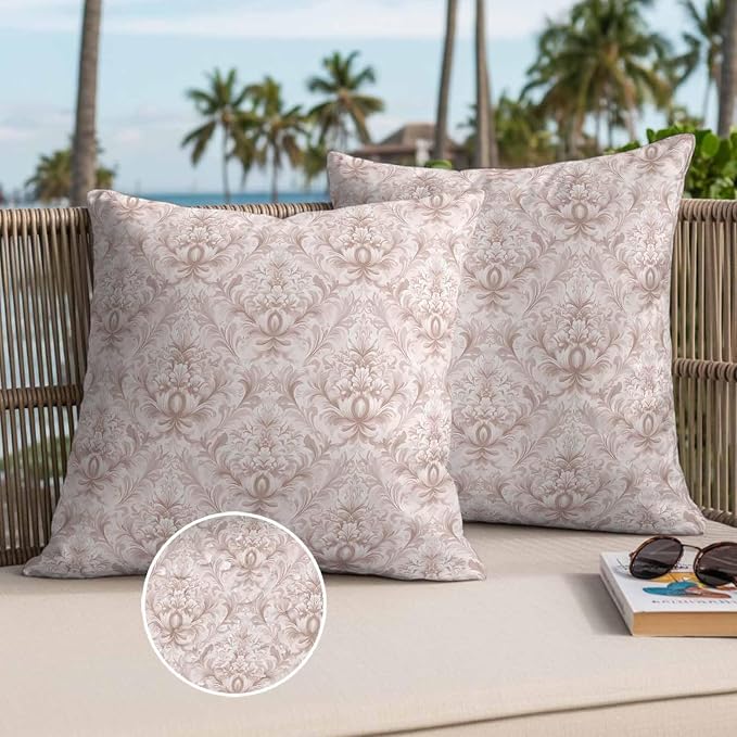 Vintage Baroque Waterproof Outdoor Pillow Covers Set of 2 Home Decor, Country Abstract Scroll Floral Printed Pillowcase Patio Pillow Covers for Couch Bench Furniture Garden 26x26in