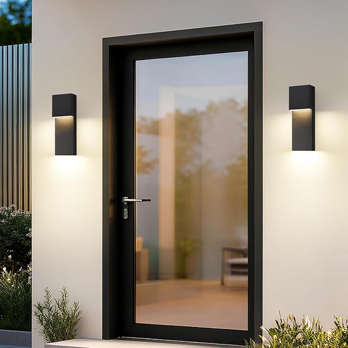 Modern LED Outdoor Wall Sconce, 15'' 20W Outdoor Light Fixtures Exterior Wall Lights, Black LED Front Porch Lights Outside Wall Mount Lighting for House, Backyard, Warm White 3000K, 2 Pack