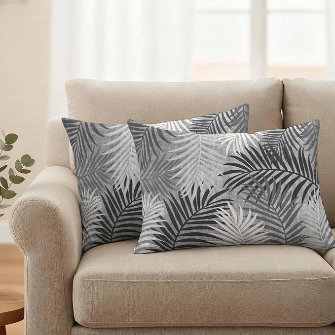 Outdoor Waterproof Throw Pillow Covers, Grey Palm Leaves Decorative Pillow Cases, Summer Botanical Tropical Leaf Couch Pillow Protector Patio Sofa Cushion Covers Replacement 20"x12" 2 Pack