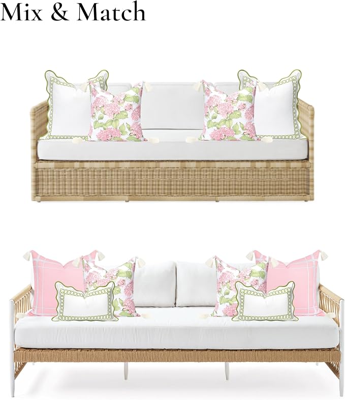 Hofdeco Premium Coastal Patio Indoor Outdoor Throw Pillow Cover Only, 18"x18" Water Repellent for Backyard, Couch, Blush Pink Green Print Sketch Hydrangea Flower
