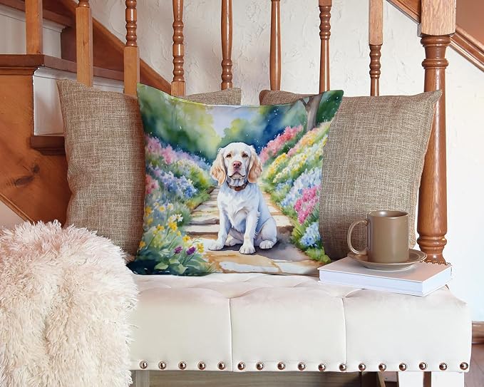 Caroline's Treasures Clumber Spaniel Spring Path Throw Pillow Machine Washable, Indoor Outdoor Decorative Pillow for Couch, Bed or Patio, 14Hx14W