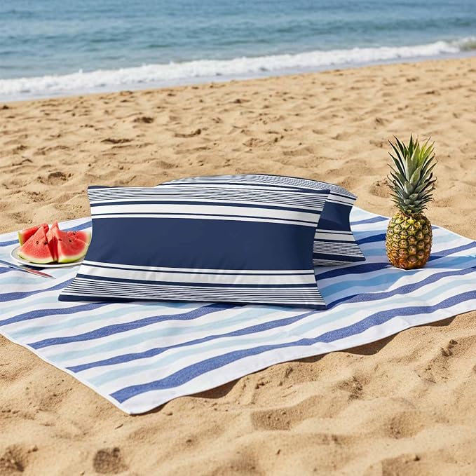 Vandarllin Outdoor Throw Pillows Covers 20x12 inch Set of 2 Waterproof Navy Blue Stripes Decorative Zippered Cushion Covers for Patio Furniture, Striped Lines Lumbar Pillowcases