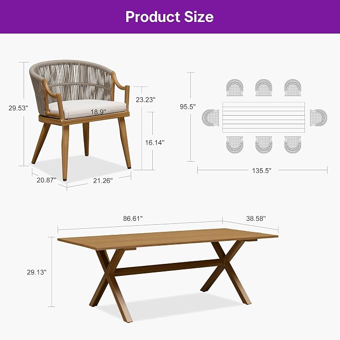 PURPLE LEAF Outdoor Dining Set for 8 with Waterproof Furniture Cover All Weather Patio Dining Set with Rectangular Aluminum Table and Wicker Dining Chairs for Garden Deck Backyard Kitchen, Teak