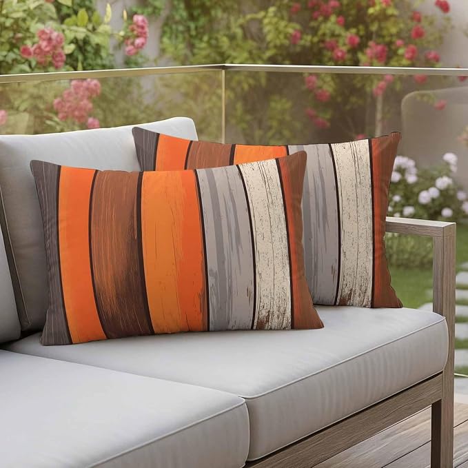 JasmineM Outdoor Pillow Cover 12x20 Inches Set of 2 Orange Brown Gray Striped Waterproof Throw Pillow Covers Retro Wood Grain Decorative Pillowcases Garden Cushion Case for Patio Couch Sofa