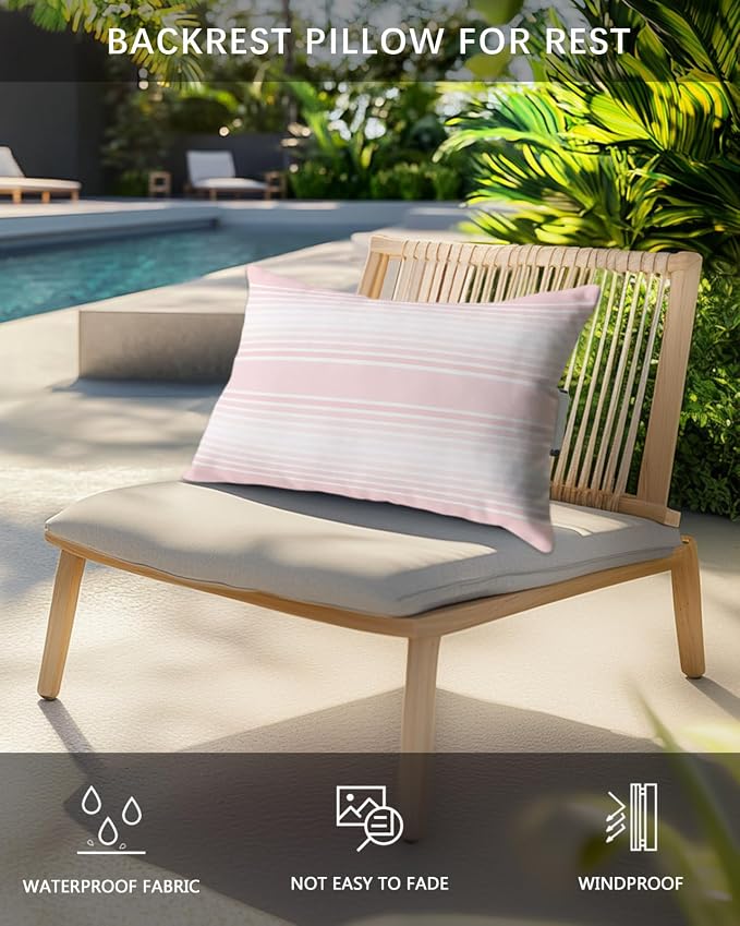 Pack of 4 Outdoor Lumbar Pillow Covers 12x20 Inch, Pink Striped Waterproof Throw Pillow Covers Set, Pink Ombre Farmhouse Stripes Indoor&Outdoor Decorative Cushion Cases for Patio Porch Car