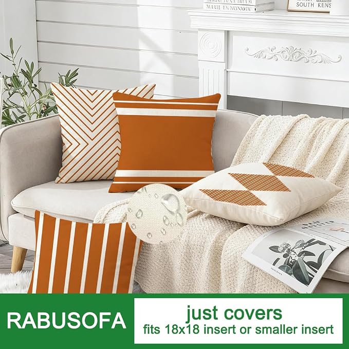 Outdoor Pillows Covers 18x18 Waterproof,Orange and Beige Set of 4(No Insert | for Covered Patio Furniture Couch Sunbrella,No Insert Just Covers,Fit 18x18 inch Inserts or Smaller,Durable Polyester,Boho