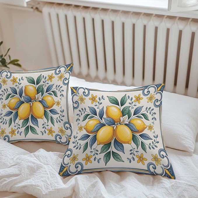 Throw Pillow Covers 26x26 Inch Set of 2, Yellow Blue Lemon Waterproof Outdoor Cushion Covers, Summer Botanical Watercolor Decorative Pillowcases for Couch, Sofa, Bed, Garden, Patio