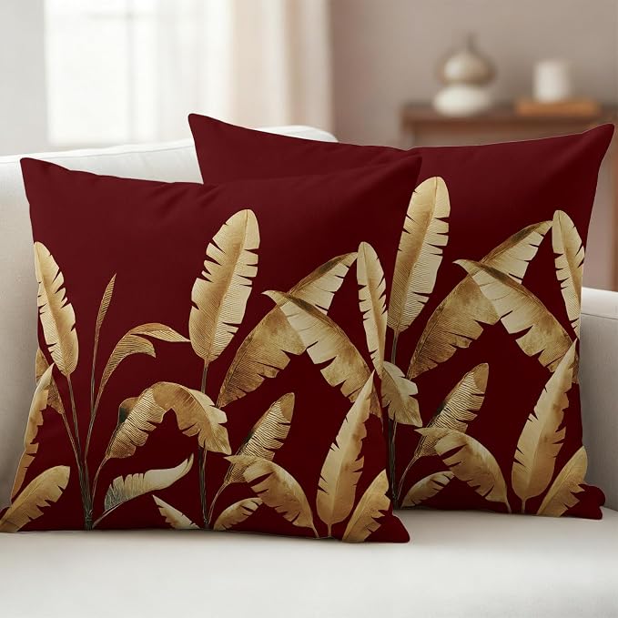 Waterproof Throw Pillow Covers 18x18 Set of 2, Golden Tropical Leaves on Burgundy Red Outdoor Pillowcases with Invisible Zipper, Abstract Foliage Leaf Decorative Cushion Covers for Patio Garden Sofa