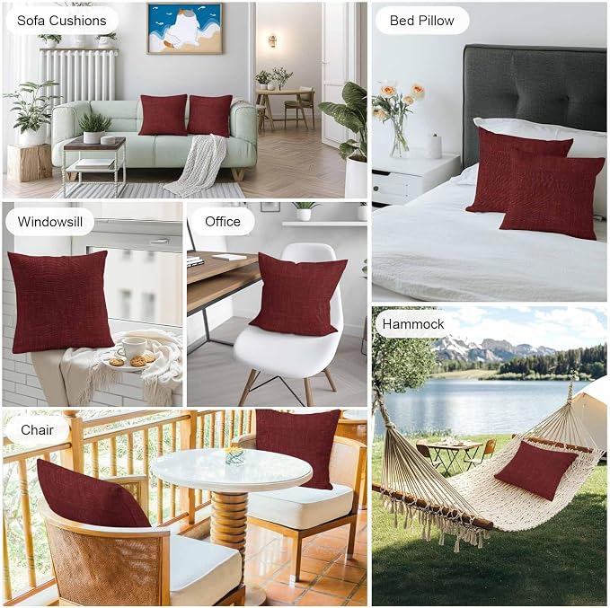 Vandarllin Outdoor Throw Pillows Covers 24x24 inch Set of 2 Waterproof Wine Red Linen Decorative Zippered Cushion Covers for Patio Furniture, Farmhouse Pure Color Lumbar Pillowcases