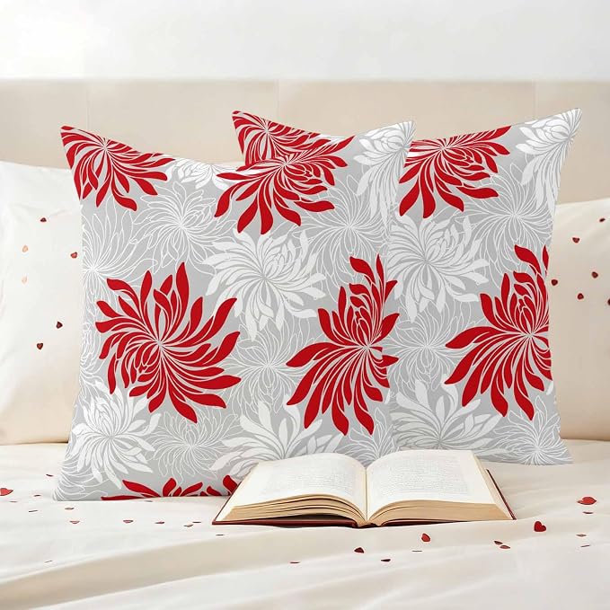 Red Grey Floral Outdoor Pillow Covers Set of 2 Vintage Red White Grey Flower Waterproof Throw Pillow Cover Decorative Cushion Cases for Patio Porch Garden 20X20 Inch