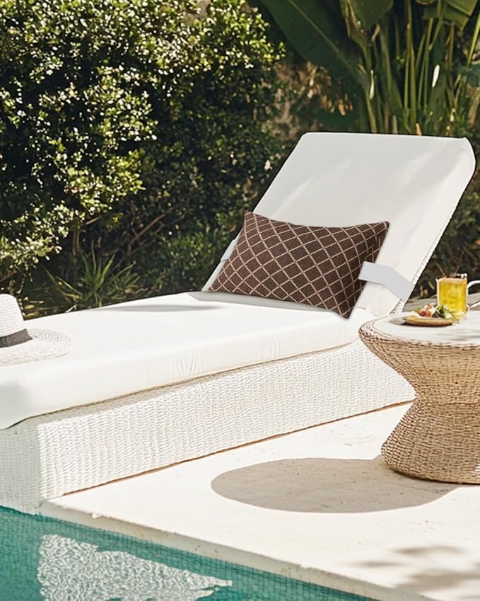 Outdoor Pillows Waterproof Covers Set of 2, Tan Diamond Pattern Adjustable Elastic Chaise Lounge Head Resting Pillows, Geometric Plaid Lines Lumbar Pillow for Pool Beach Patio Furniture 20x12 Inch