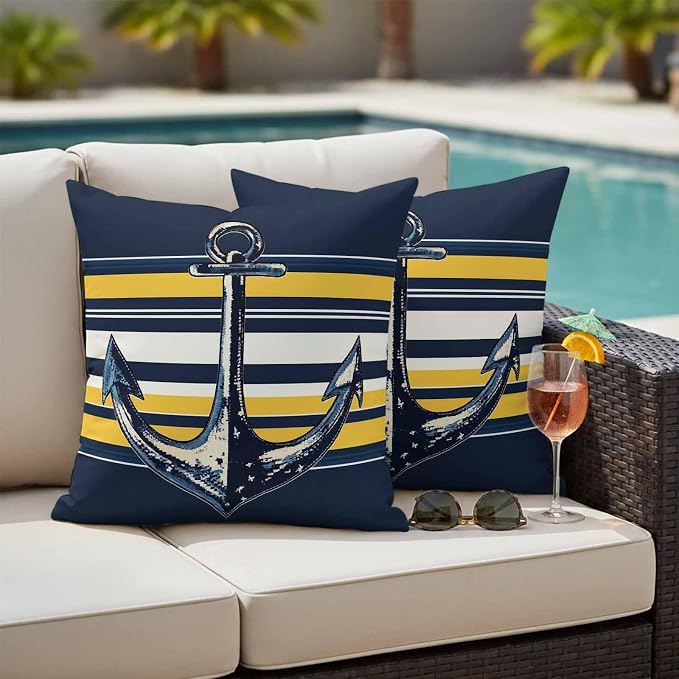 Vintage Anchor Outdoor Waterproof Pillow Covers Set of 2, Yellow Blue Striped Pillowcase Decorative Throw Cushion Cases for Patio Garden Couch 26 x 26 Inches