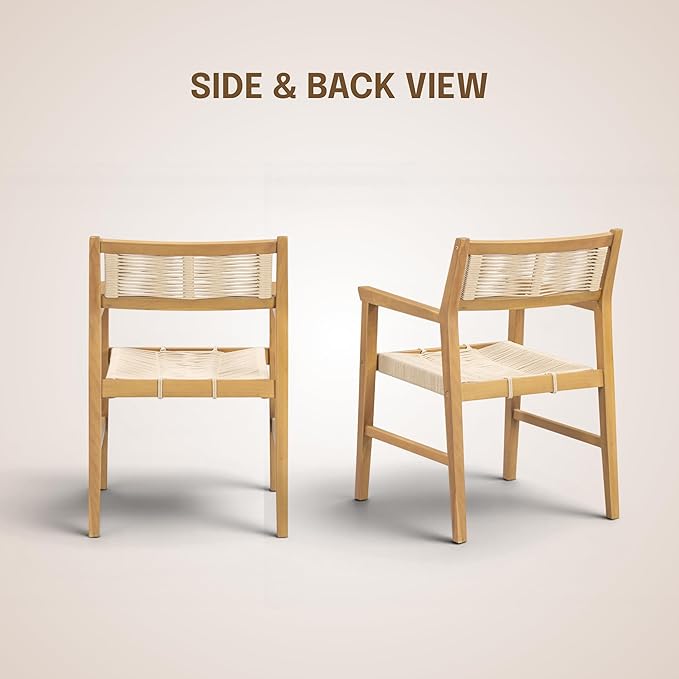 NTC Terra Set of 2 Solid Wood Armchairs with Handwoven Rope Seat & Back, Indoor & Outdoor Dining Chairs for Patio Dining Sets, Modern Patio Chairs with Arms, Easy Assembly, Natural