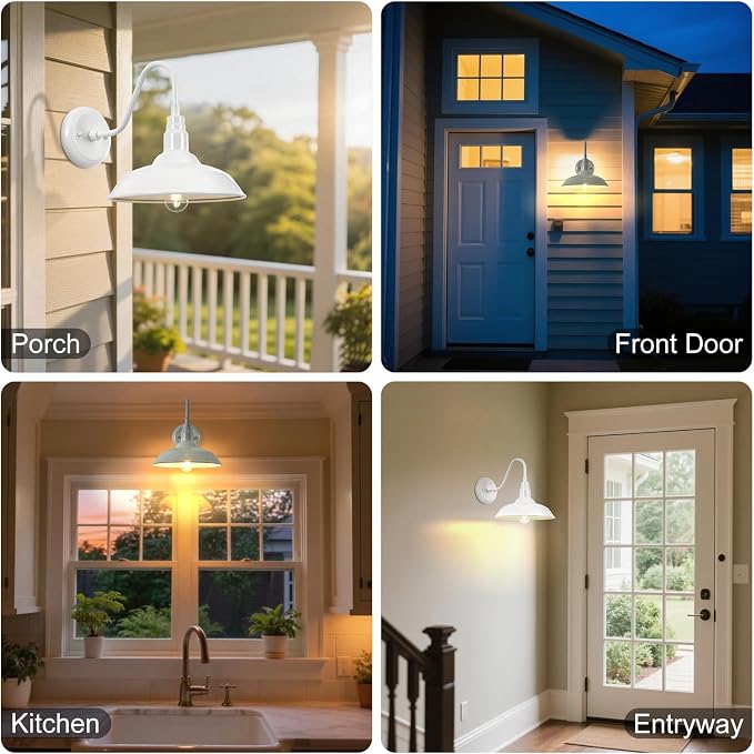 10 Inch Dome Outdoor Gooseneck Barn Light Fixture White Exterior Barn Wall Lantern, Farmhouse Porch Outside Wall Mount Lighting, Waterproof Outdoor Coach Wall Sconce for Garage, Patio