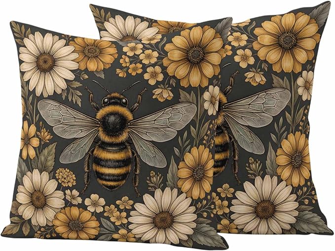 Outdoor Pillow Covers Waterproof, Bee Flowers Decorative Square Throw Pillowcases Patio Cushion Covers for Tent/Garden, 18" x 18" 2 Pack, Retro Country Animals Botanical Floral Plants