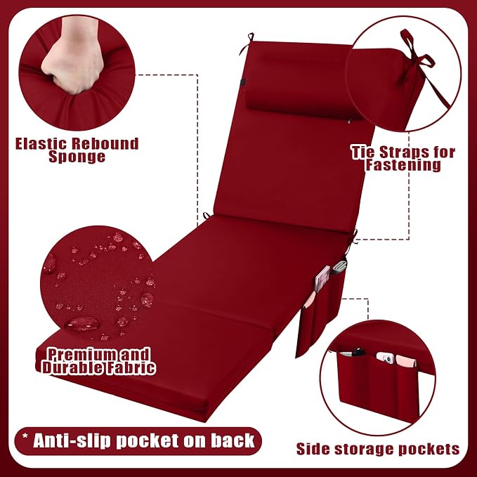 RattanView 2 Pcs Outdoor Chaise Lounge Cushion with Pillow and Side Pockets Waterproof Lounge Chair Cushions for Outdoor Furniture Patio Lounger Pad for Outside Pool Lawn (Brick Red,72 x 21 x 4)