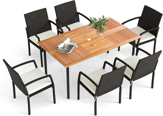 HAPPYGRILL 7-Piece Patio Dining Set Outdoor Rattan Wicker Furniture Set with Umbrella Hole, Steel Frame, Acacia Wood Tabletop & Removable Cushions, for Backyard, Porch, Garden