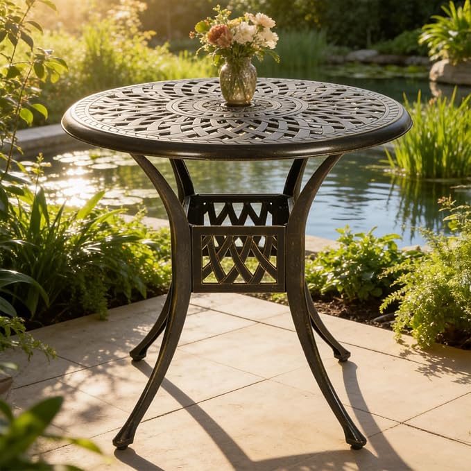 MEETWARM 31" Round Patio Bistro Table, Outdoor Cast Aluminum Small Dinning Table with 2" Umbrella Hole, Dark Bronze