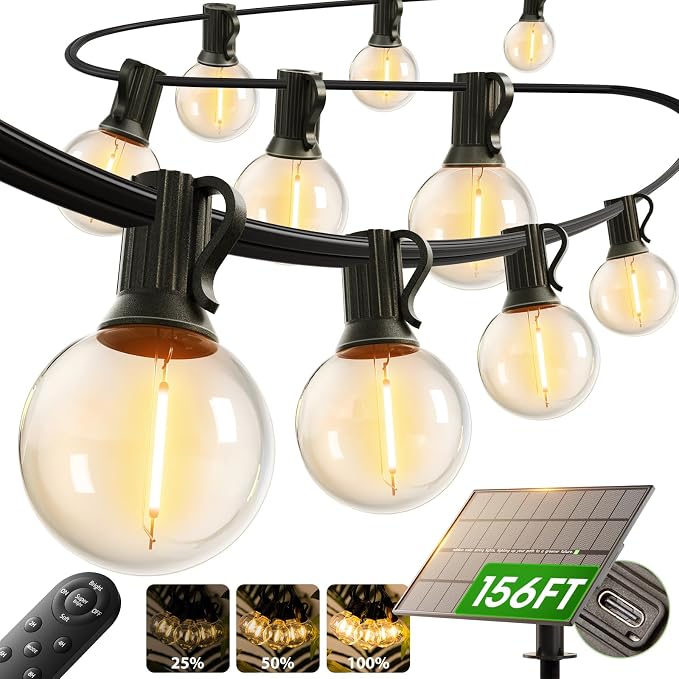 addlon 150FT Solar String Lights Outdoor Waterproof with Remote, Dimmable | Commercial Grade Solar Powered String Lights with 80 LED Bulbs, Hanging Light for Camping Backyard Party Decor